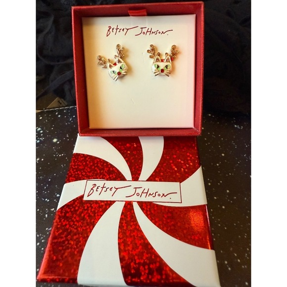 Betsey Johnson Christmas Cat Reindeer Earrings‎ Holiday Studs Gift - Picture 2 of 2